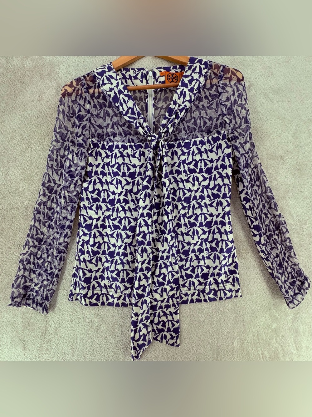 Tory Burch Birds On Wire Silk Tie Neck Blouse, Womenโs Size 2